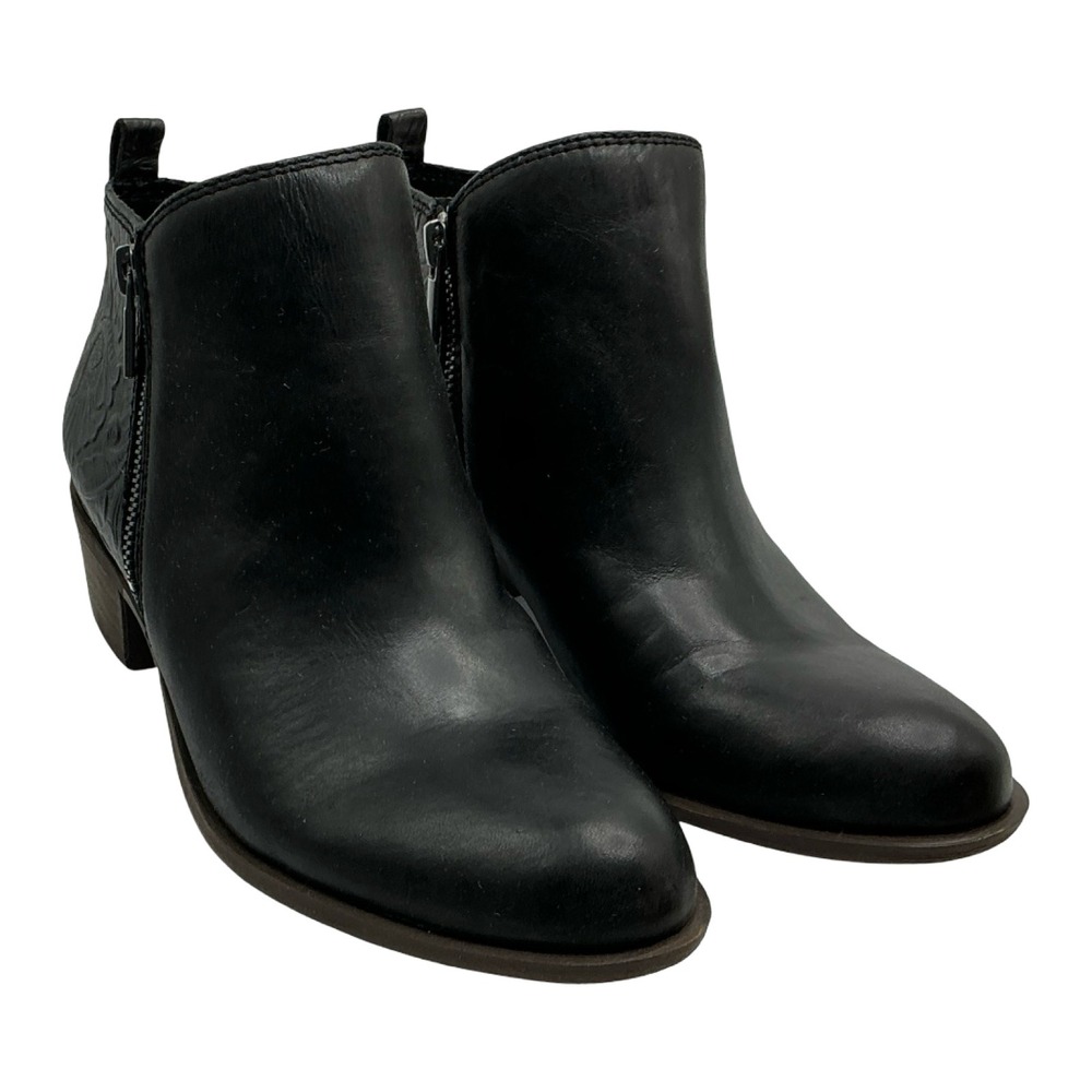 Lucky Brand Basel Black Embossed Leather Ankle Booties 8M BLKEMBSD